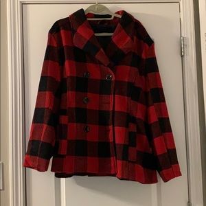 Red buffalo check pea coat
